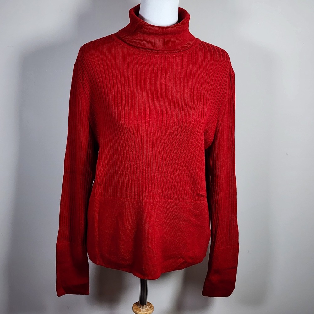 Halston Turtleneck Sweater Womens XL Red 100% Merino Wool Knit Festive Holidays